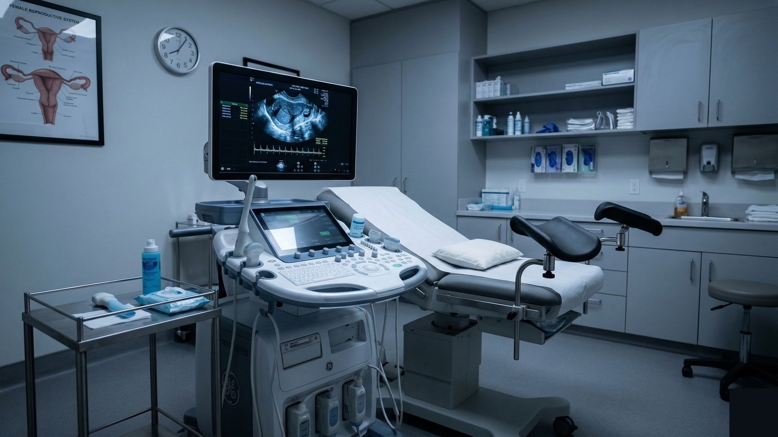 Sala ecografia ginecologica con ecografo e lettino visita in ambulatorio privato