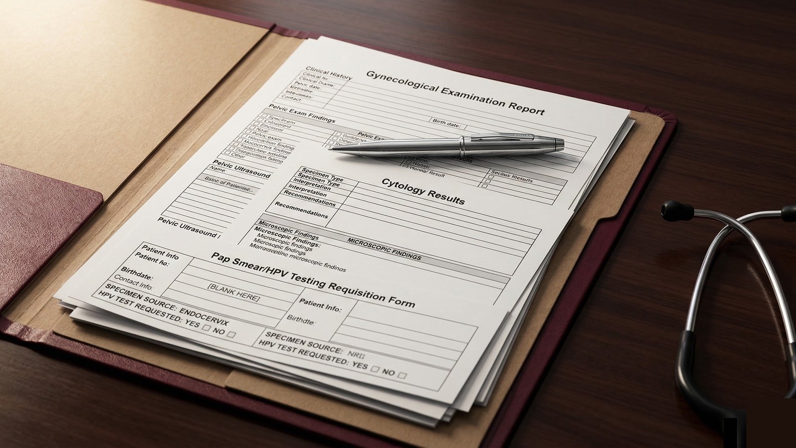 Cartella medica con referti ginecologici Pap smear e moduli di citologia su scrivania