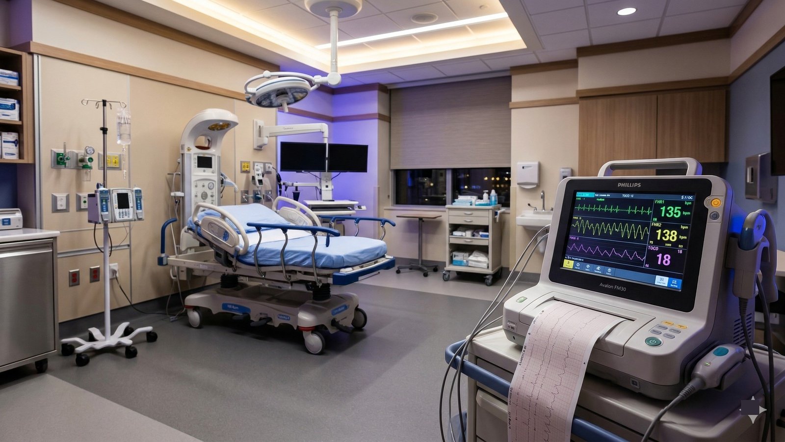 Sala parto moderna con monitor CTG fetale in ospedale privato