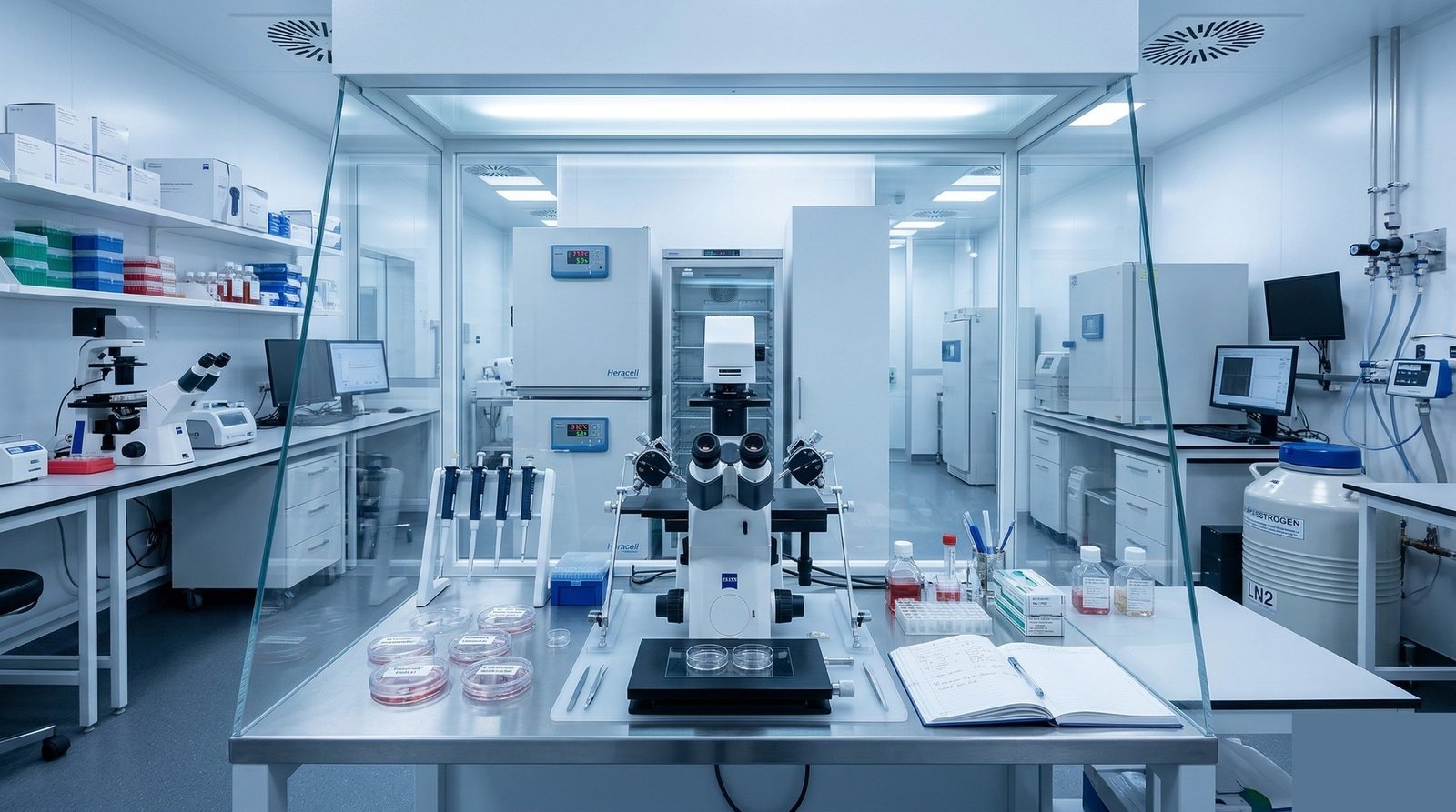 Laboratorio IVF per fecondazione assistita con microscopio e incubatori